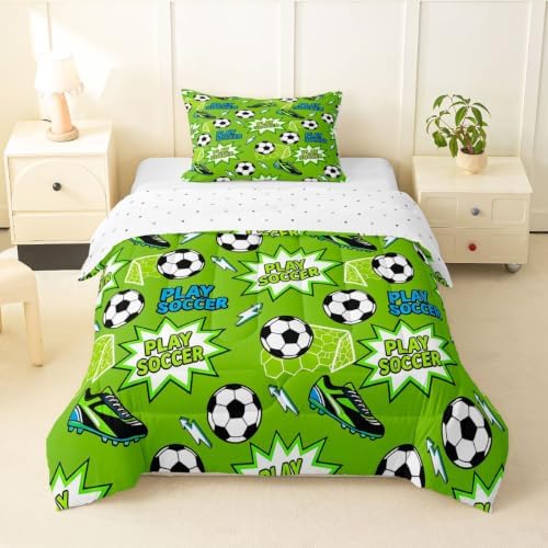 Castle Fairy Soccer Comforter Set Toddler Size,Football Shoes Lightning Bed in a Bag 2Pcs for Kids Girls Boys Room Decor,Ball Sports Gaming Duvet Insert Modern Green Down Comforter,1 Pillowcase