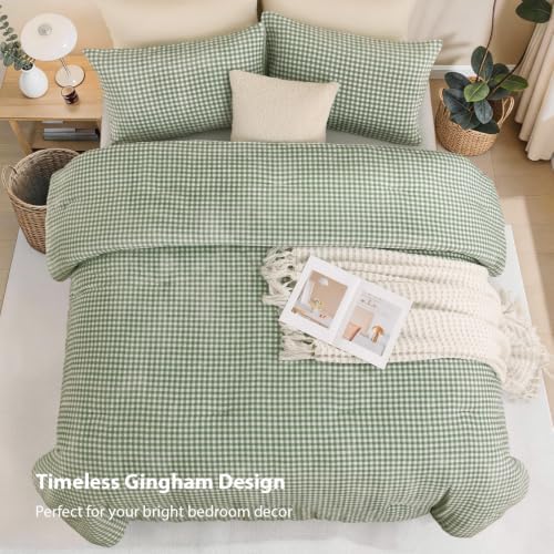 Litanika Velvet Flannel Gingham Comforter Set Twin, 3 Pcs Sage Bedding