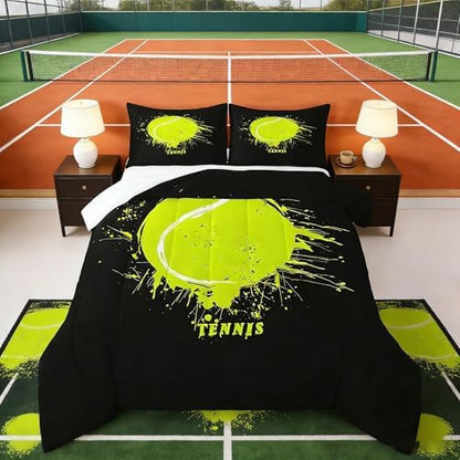 Manfei Tennis Comforter Set Full Size, Green Tennis Print Bedding Set 3pcs for Kids Boys Teens Bedroom Decor, Sports Gaming Theme Quilt Set with 2 Pillowcases