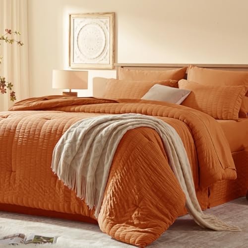 Laojin Balhen Twin Comforter Set 5 Pieces, Burnt Orange Seersucker Bed in a Bag Set Twin Size, All Season Luxury Bedding Sets with Comforter, Sheets, Pillowcase & Sham