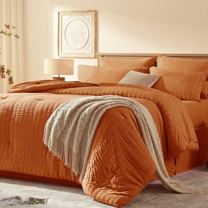 Laojin Balhen Twin Comforter Set 5 Pieces, Burnt Orange Seersucker Bed in a Bag Set Twin Size, All Season Luxury Bedding Sets with Comforter, Sheets, Pillowcase & Sham