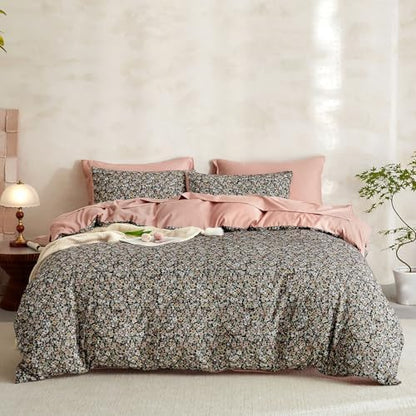 Wake In Cloud - Floral Comforter Set with Sheets, Cute Vintage Flower Cottagecore Aesthetic for Women Teen Girls, 7 Pieces Bed in a Bag, Black, Queen Size