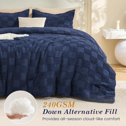 Sasttie King Comforter Set, 3 PC Boho Tufted Bed, Checkered Bedding, Navy