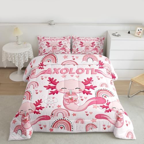 Manfei Cute Axolotl Kids Comforter Set Queen Size,Stars Rainbow Cartoon Bedding Set,Girls Boys Adults Room Decor,Strawberry Love Heart Romantic Down Comforter,Pink Kawaii Duvet Insert,2 Pillowcases
