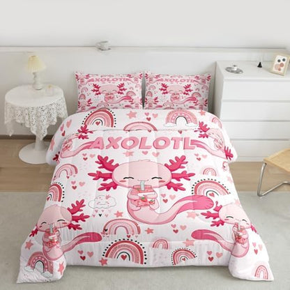 Manfei Cute Axolotl Kids Comforter Set Queen Size,Stars Rainbow Cartoon Bedding Set,Girls Boys Adults Room Decor,Strawberry Love Heart Romantic Down Comforter,Pink Kawaii Duvet Insert,2 Pillowcases