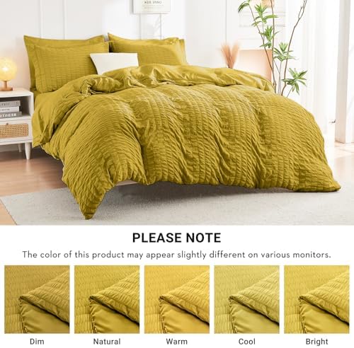 HYMOKEGE Mustard Yellow Full Size Comforter Sets Seersucker 7 Pieces, All Season Luxury Bed in a Bag for Bedroom, Bedding Set with Comforter, Sheets, Pillowcases & Shams