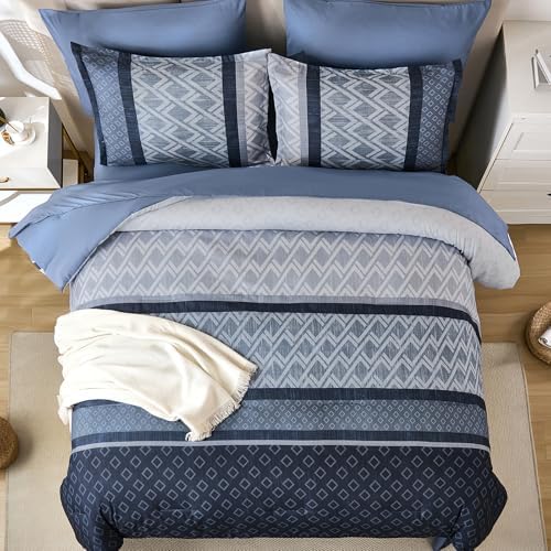 Cottolester Queen Comforter Set,Mineral Blue Boho Striped Bed in a Bag,
