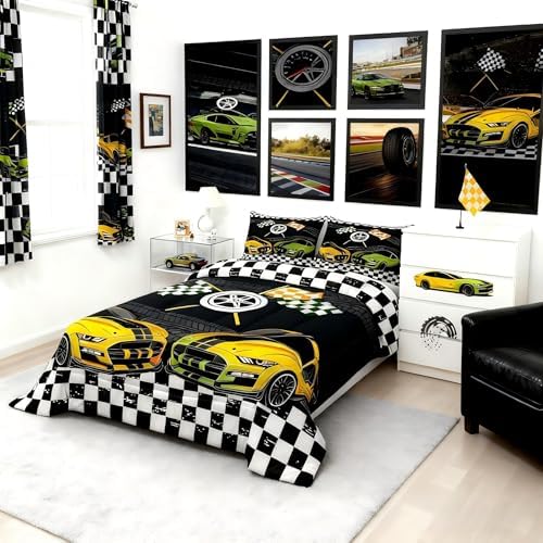 Castle Fairy Sports Car Comforter Set,Yellow and Green Bedding Set for Kids Girls Women,Adults Black and White Square Comforter,Extreme Sports Quilted Duvet Set Bedroom Collection Twin Size 2Pcs