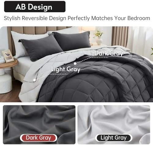 MUXHOMO 7 Pieces Oversized King Comforter Set, Reversible Bed in a Bag Oversized King Size, All Season Bedding Set with Comforter, Flat Sheet, Fitted Sheet, Pillowcases & Shams, Dark Grey & Light Grey