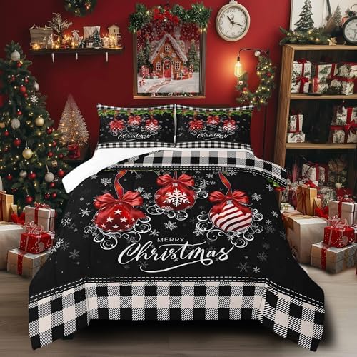 Castle Fairy Merry Christmas Full Size Comforter Set Christmas Decorations Bedding Set for Kids Adults Teens Black and White Square Comforter Luxury Geometric Snowflake Quilt Set Room Decor 3Pcs