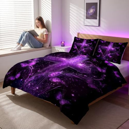 Purple Cross Butterfly Comforter Set King, Gothic Bedding for Girls