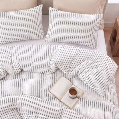 Bedbay Cotton Striped Duvet Cover Set Queen Size, Black White Stripe Bedding Set, 100% Cotton Sateen, Soft Smooth Breathable Minimal Hotel Set, 3 Pieces for All Seasons