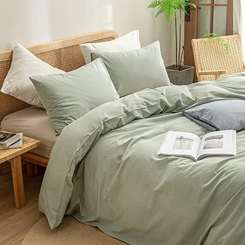 BESTOUCH Cotton Solid Duvet Cover Set Linen Feel Sage Green Oversized Queen