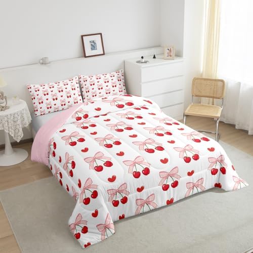 Pink Bow Girlish Kids Comforter Set King Size,Bowknot Cherry Tropical Fruit Cartoon Bedding Set,Girls Women Room Decor,Cute Princess Style Down Comforter,Pink Bow Tie Duvet Insert,2 Pillowcases