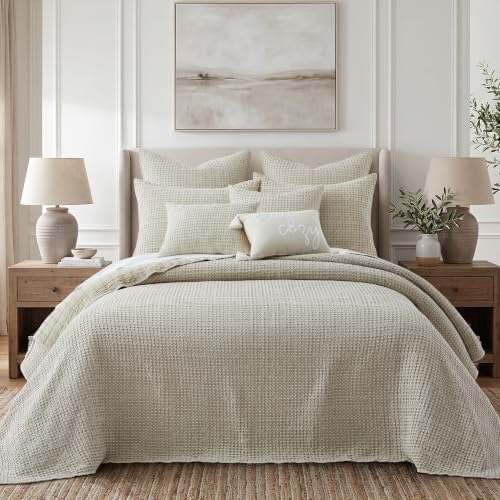 Levtex Home Mills Waffle Queen Bedspread Set (106x106in) with 2 Pillow Shams (26x20in) - Undyed Wheat - Cotton Waffle Queen Size Bedspread Set - Lightweight, Soft, Pre-Washed