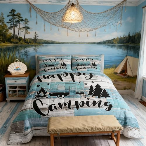Camper Adventure Comforter Set Twin Size,Happy Camping RV Trailer Decor Bedding Set 2pcs for Kids Boys Girls Adults,Rustic Farmhouse Wooden Door Down Comforter,Blue Retro Duvet Insert,1 Pillowcase