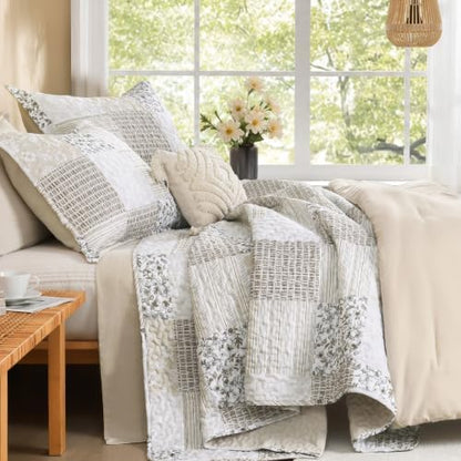 Litanika Floral Beige Quilt Queen - 3Pcs Botanical Birds Bedding Set