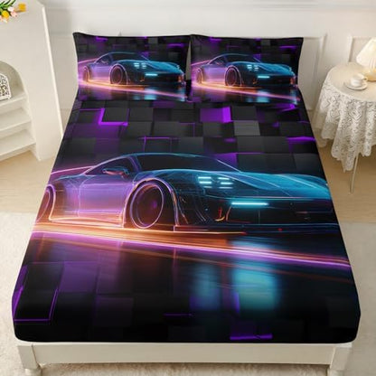 HOSIMA Boys Race Car Bedding Sets Full,1 Fitted Sheet+2 Pillowcases.