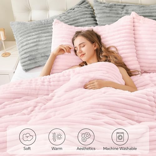 BEDELITE Fleece Oversized Queen Comforter Set,Fluffy Bed Set,Cherry Blossom