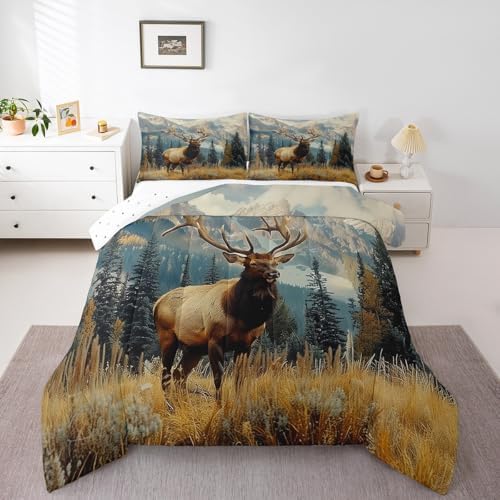 Feelyou Deer Comforter Set Queen Size, Deer Antler Bedding Sets, Rural Hunting Theme Down Comforter, Rustic Woodland Duvet Insert, Wild Animals Quilt for Bedroom Decor All Season,Soft Lightweight