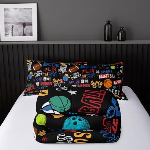 Nttopship Sports Ball Queen Comforter Set,Football Rugby Basketball Bedding Set for Kids Boys Girls Youth Ball Sports Themed Bedroom Decor Bedding Set 3 Pcs Bed in A Bag (1 Comforter, 2 Pillow Case)