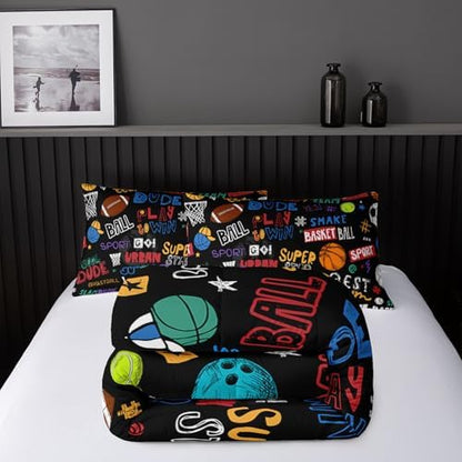 Nttopship Sports Ball Full Comforter Set,Football Rugby Basketball Bedding Set for Kids Boys Girls Youth Ball Sports Themed Bedroom Decor Bedding Set 3 Pcs Bed in A Bag (1 Comforter, 2 Pillow Case)