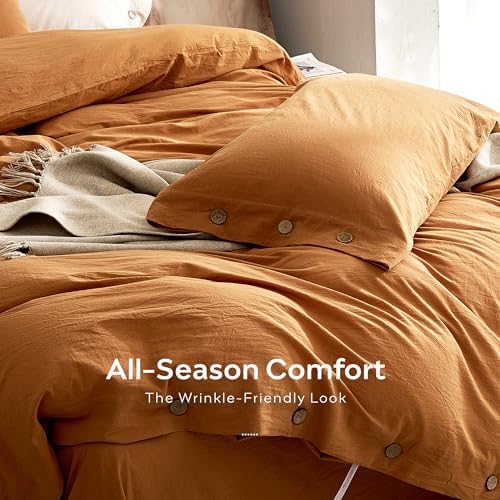 JELLYMONI 100% Washed Cotton Fall Amber Orange Duvet Cover Queen Linen-Like