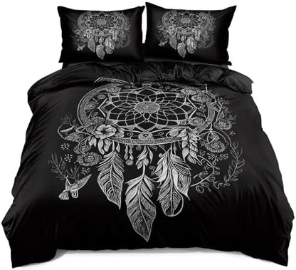 Black Dream Catcher Bedding Set – Boho Feather Print Duvet Cover for Teens & Adults – Soft Comforter Cover for Bohemian Bedroom Decor, Twin/Full/Queen Sizes