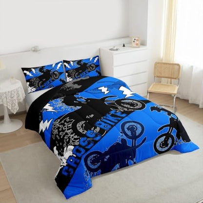 Erosebridal Full Size Dirt Bike Bedding Set Kids Motocross Comforter Set Dirtbike Room Decor for Boys Men Girls Adult,Rider Motorcycle Bed Set Cool Extreme Sports Comforter Sets 3Pcs,Blue Black