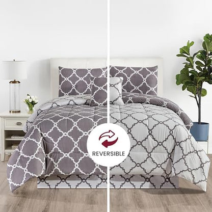 LUX Décor Reversible 5pc Queen Comforter Set, Printed Bedding Set, All-in-One Bed in a Bag, Includes 1 Comforter, 2 Pillow Shams, 1 Decorative Pillow & 1 Bed Skirt (Quatrefoil Grey,Queen)