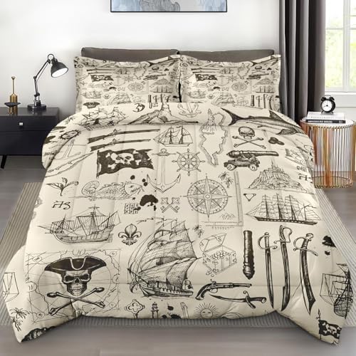 Pamnest Comforter Set Twin Size, Pirate Vintage Skull Soft 2 Pcs Bedding for Kids and Adults, Nautical Sea Retro Comforter Set with Pillowcase, for Bedroom Bed Decor