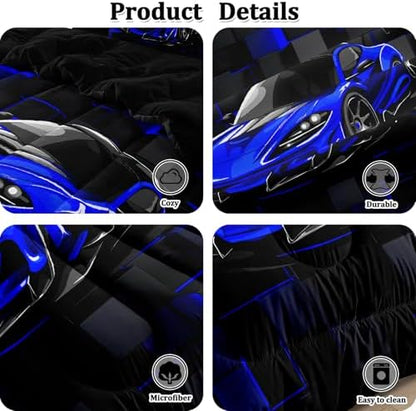 5 Pcs Race Car Twin Bedding Set for Boys, Blue Sports Car Twin Boys Comforter Set with Sheets