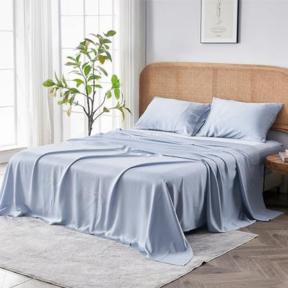 Sijo AiryWeight Tencel Sheet Set, 100% Lyocell Derived from Eucalyptus, Buttery Soft, Architectural Digest Best Cooling Sheets Winner - 4pc - 2 Pillowcases 1 Fitted 1 Top (Sky, King)