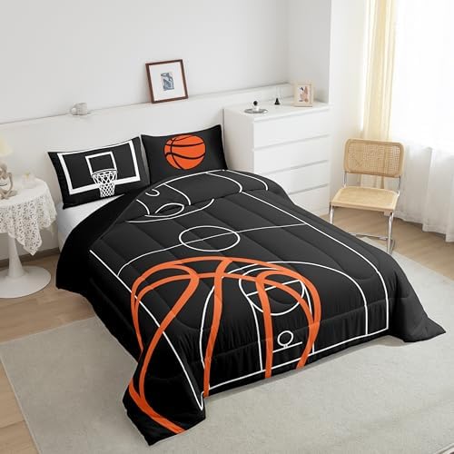 Castle Fairy Basketball Court Print Kids Comforter Set Toddler Size,Ball Sports Games Themed Bedding Comforters Bedroom Decor,Orange Basketball and Hoop Microfiber Quilt/Duvet Set for Kids Teens,3pcs