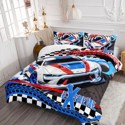 Nttopship Racing Car Comforter Set Queen Size,100% Soft Ultra-fine Fiber Four Season Speed Theme Bedding Set with 1 Comforter and 2 Pillow Case