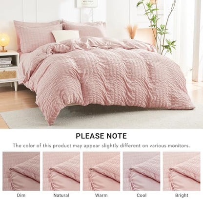HYMOKEGE Rose Gold Oversized Queen Comforter Set Seersucker 7 Pieces, All Season Luxury Bed in a Bag for Bedroom, Bedding Set with Comforter, Sheets, Pillowcases & Shams