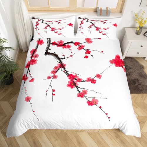 Feelyou Kids Cherry Blossoms Duvet Cover Queen Size Japanese Style Bedding Set Boys Girls Sakura Flower Comforter Cover Set Floral Botanical Branches Spring Bedspread Cover（No Comforter