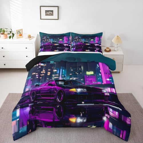 Erosebridal Neon Purple Car Comforter King Size for Kids Teens Adults,Cool Race Car Bedding Set,Extreme Sports Gaming Duvet Insert,City Night Scene Quilt Bedroom Decor