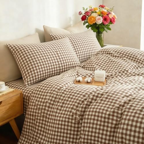 Gingham Duvet Cover Set 3 Piece 100% Washed Cotton Linen Feel Modern Plaid Checkered Bedding Comfy Breathable (Brown/White Gingham, Queen)