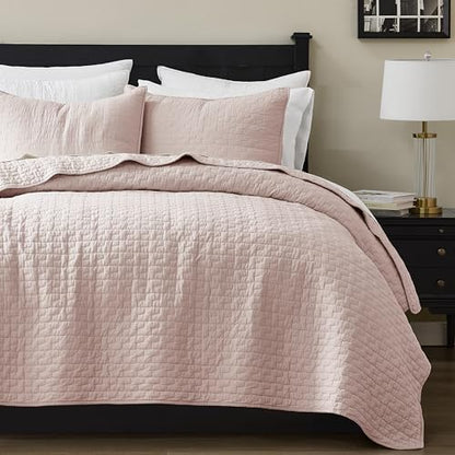 palassio Pink 100% Cotton Quilt King Size Bedding Sets with 2 Pillow Shams, Textured Lightweight Soft Bedspread Shabby Chic Coverlet, Quilted Comforter Bed Cover for All Season, 3 Pieces