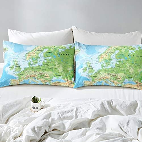 Erosebridal World Map Comforter Set King Size, Blue Ocean Bedding Set for Kids Boys Girls, Map of Various Countries Quilted Duvet Abstract Art Bedding Comforters Breathable Bedroom Decor