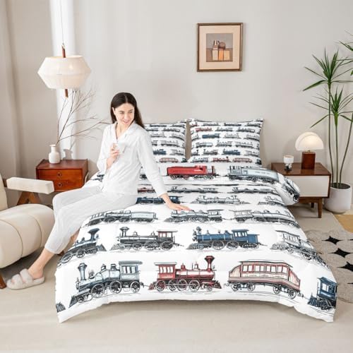 Feelyou Retro Train Comforter Set Queen Size Vintage Steam Engine Train Bedding Set for Kids Boys Girls Transport Vehicle Duvet Quilt Bedroom Decor Microfiber 3 Pcs with 2 Pillow Cases