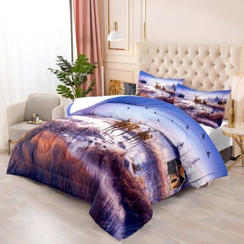 LUVIVIHOME 2PCS Cabin Comforter Set Twin Size, Mallard Duck Elk Moose Black Bear Deer Bedding, Lake Forest Animal Wildlife Hunting Hunter Country Lodge Rustic Farmhouse Bedding, 1 Pillow Sham
