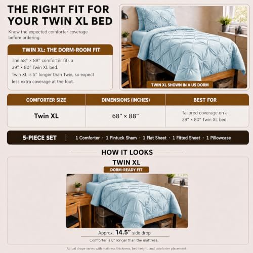 HIMEET Twin XL Comforter Set Light Blue - 5 Pieces Pintuck Bed in a Bag