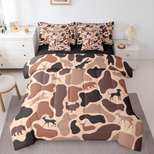 Erosebridal Camouflage 7 Piece Bedding Set Full Hunter Deer Comforter Set with Sheets Woods Army Pink Brown Camo Bed in a Bag Hound Wolf Turkey Bear Pattern for Kids Boys Girls