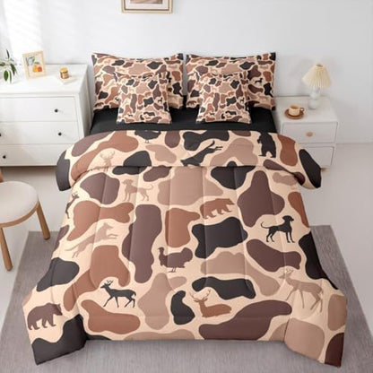 Erosebridal Camouflage 7 Piece Bedding Set Queen Hunter Deer Comforter Set with Sheets Woods Army Pink Brown Camo Bed in a Bag Hound Wolf Turkey Bear Pattern for Kids Boys Girls