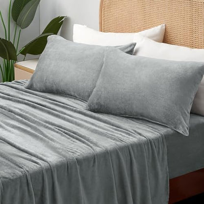 BEDELITE Flannel Sheets King Size, Grey, 4 Pieces