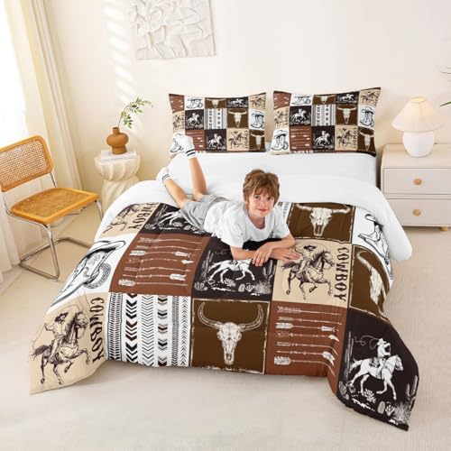 Western Comforter Set Queen Size,Southwestern Aztec Country Horse Bedding Set 2pcs,Cowboy Rustic Ranch Style Down Comforter,Brown Patchwork Farmhouse Bed Set for Kids Boys Teens,1 Pillowcase,No Sheet