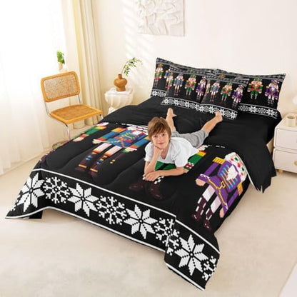 Erosebridal Nutcracker 7 Pcs Comforter Set Full Size, Retro Xmas Bedding for Kids Boys, Colorful Scandinavian Christmas Snowflakes Bed in A Bag Sheet Set, Black White Winter Duvet Insert