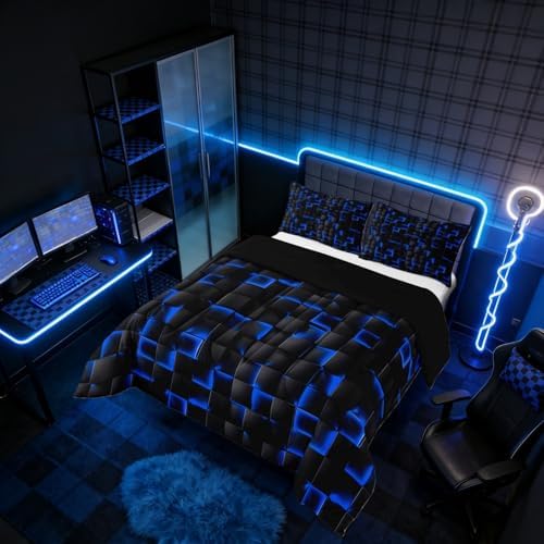 Erosebridal Neon Black Blue Boys Comforter Set Toddler Size Geometric Checkered Kids Bedding Set Teen Men Gaming Room Decor,Abstract Ombre Plaid Comforter Grids Quilt Duvet
